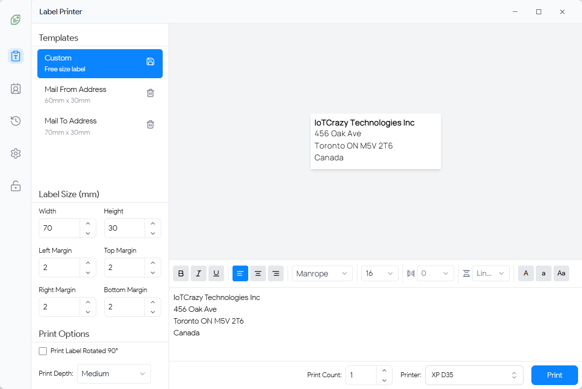Addrly software interface showing batch address label printing queue