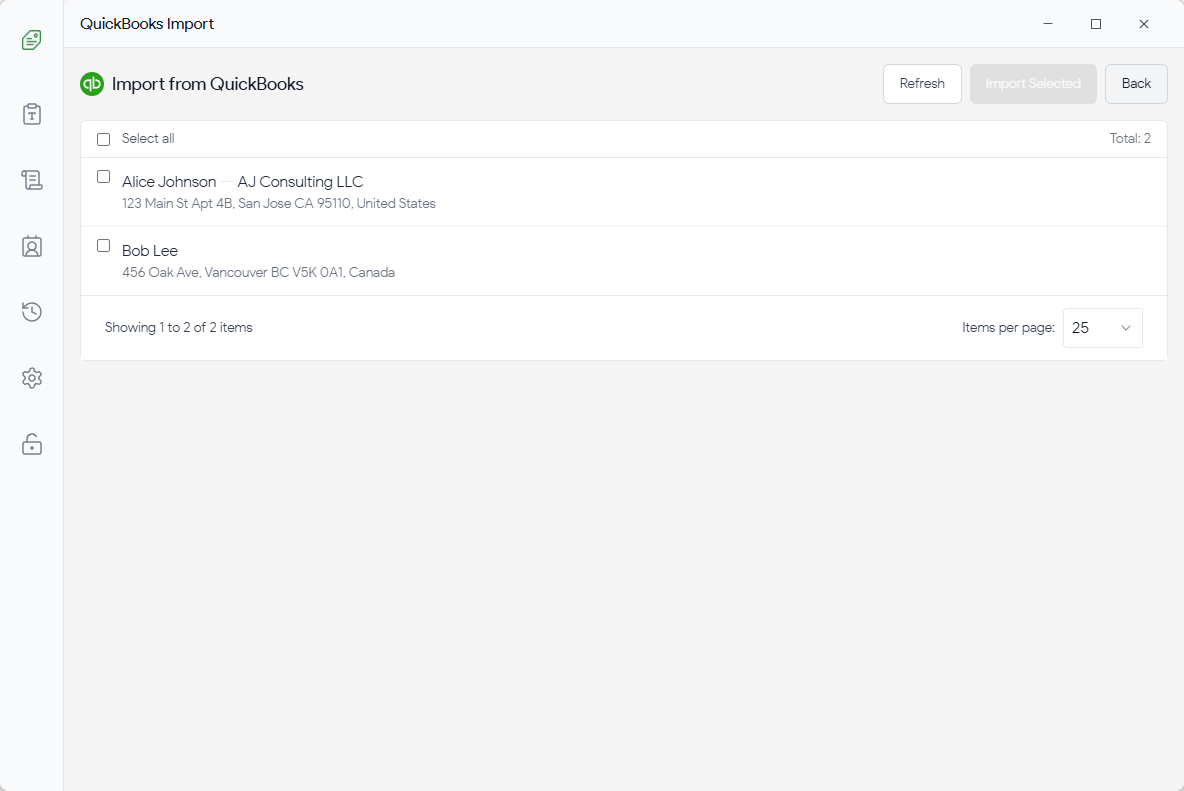 QuickBooks Import Interface